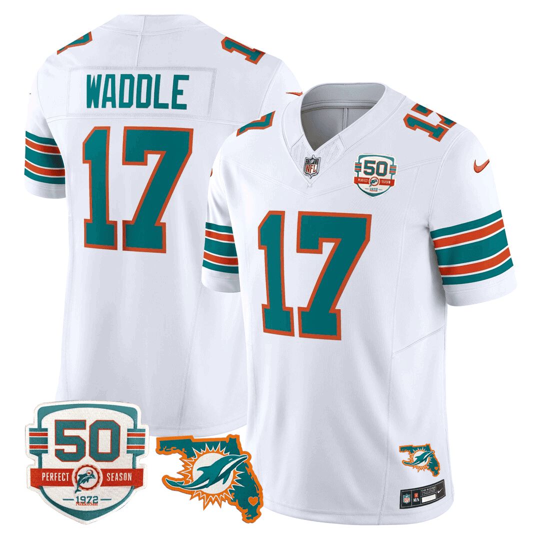Men Miami Dolphins #17 Waddle White 2024 Nike Throwback 50th Perfect Season Florida Patch Vapor NFL Jersey